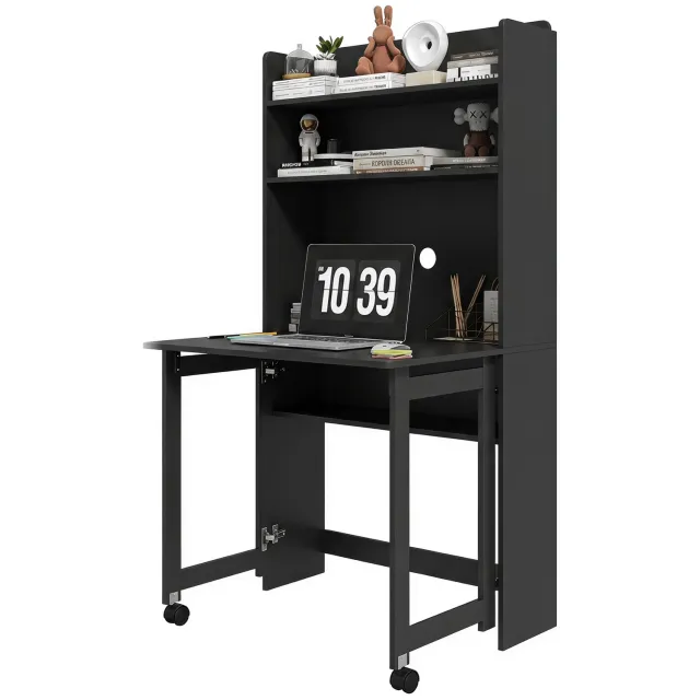 MUVANO Computerbureau met opklapbaar werkblad - Vier opbergplanken - MDF - 80 x 69 x 155 cm - Ruimtebesparend werken - Voor kleine slaapkamer en woonkamer - Zwart zawrt