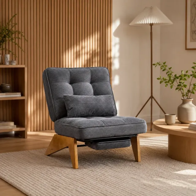 Welltin Fauteuil - Relaxstoel - Leesstoel - Comfortabele TV-stoel - Verstelbaar- Met voetpedaal - Met lendensteun - Houten stoelpoten - Modern design - Stof - Donkergrijs