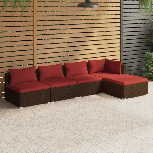 vidaXL 5-delige Loungeset met kussens poly rattan bruin, foto 2