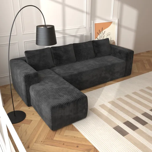 FloraGrace Hoekbank 175 x 90 x 60 cm - Modulaire 3-Zits Met Omkeerbare Chaise Longue En Geen Montage Nodig - Woonkamer Of Slaapkamer - Schuim - Zwart