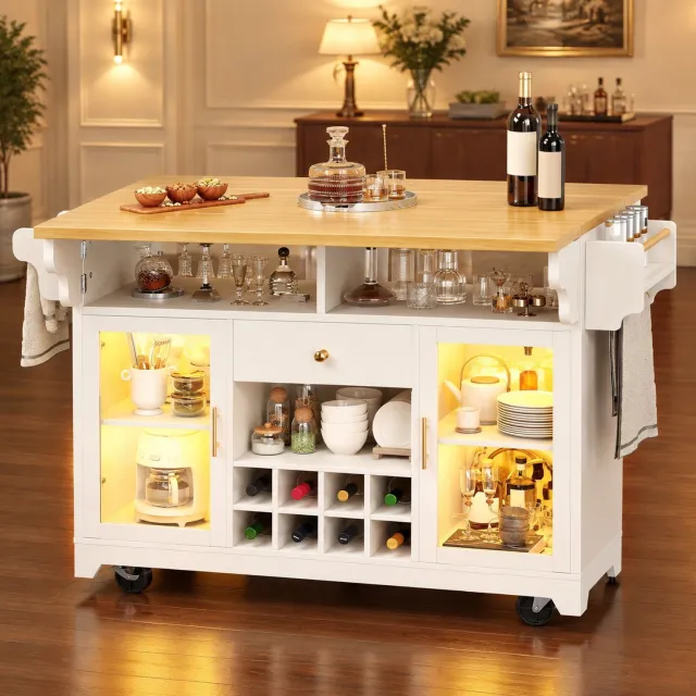 HAUSS SPOLE Keukeneiland - Opklapbaar Blad Met Ledverlichting - Verrijdbaar Voor Keuken En Woonkamer - Metaal En Mdf - 120x80x95 Cm - Wit