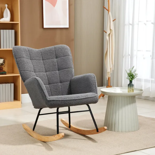 MEUNIQ Schommelstoel fauteuil met armleuningen en hoge rugleuning, gepolsterde stoel met houten onderstel en stalen frame, 98 x 71 x 101 cm, donkergrijs