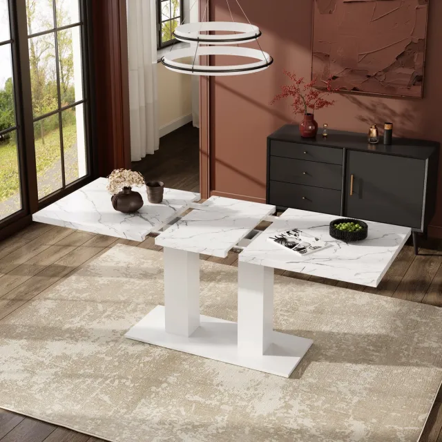 Zubaliya Uitschuifbare Eettafel - Rechthoekige Eettafel Voor 6-8 Personen - Moderne Keukentafel Met Verdikt Tafelblad - Witte Eettafel Voor Eetkamer Woonkamer En Keuken