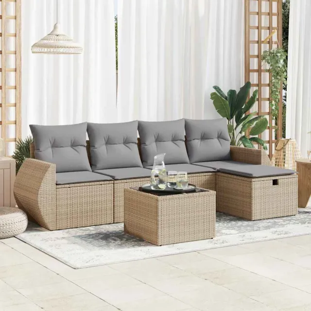 vidaXL 6-delige Loungeset met kussens poly rattan beige, foto 2