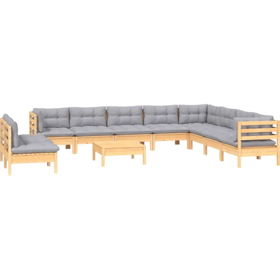 vidaXL 11-delige Loungeset met grijze kussens massief grenenhout Grijs