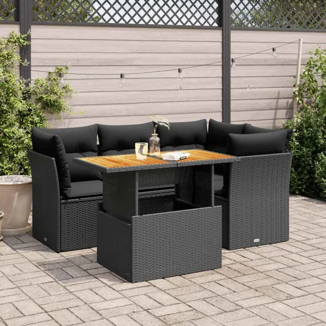 vidaXL 5-delige Loungeset met kussens poly rattan zwart