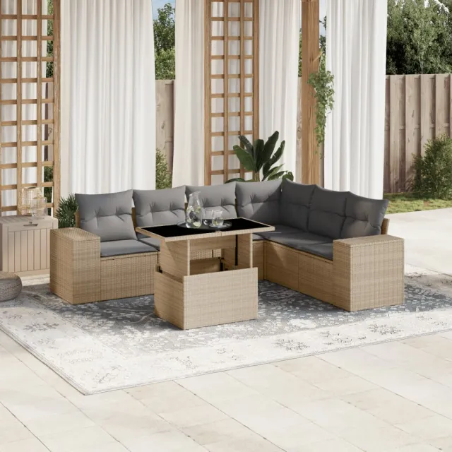 vidaXL 7-delige Loungeset met kussens poly rattan beige, foto 2
