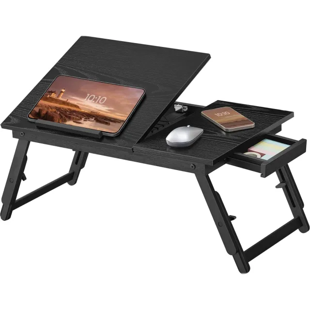 Songmics Laptop Tafel - Laptoptafel voor Bed - In Hoogte en Hoek Verstelbaar - Opvouwbare Poten - Met Lade Ebbenhoutzwart
