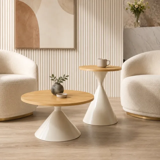 MEUNIQ Set van 2 ronde salontafels en bijzettafels Ø70 x H40 en Ø50 x H50 cm, houtlook blad, crèmewit metalen onderstel voor woonkamer en slaapkamer Houtkleur