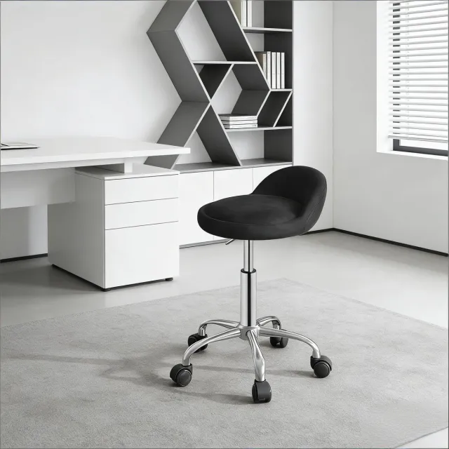 Ropilly Zwarte fluwelen bureaukruk - Voor thuiswerkplek en kapsalon - Kappersstoel op wieltjes - Ergonomisch ontwerp met metalen basis - Zwart Black