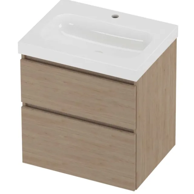 Proline Haga Badmeubelset Polystone Mezza 1 Kraangat Asymmetrisch 60x46x66 cm Glans Wit Ideal Oak Eiken