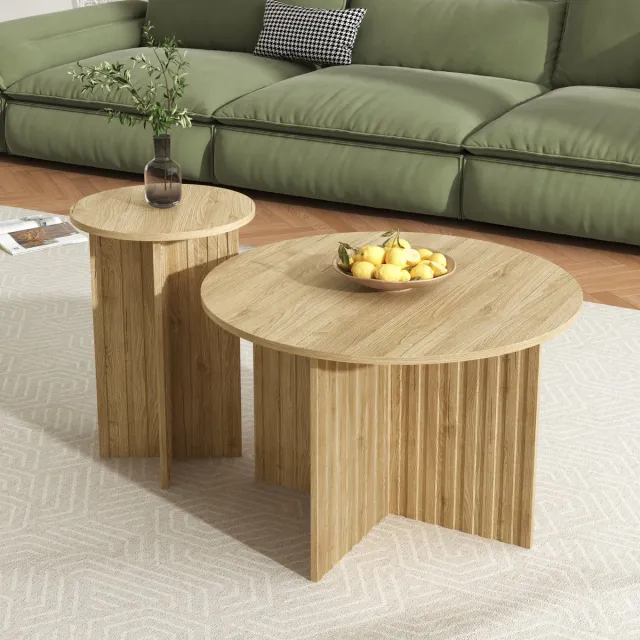 OKWISH Salontafels - Koffietafel Woonkamer Tafel 2-Delig Met Houtlook - 76x76x50 & 40x40x56,5 cm - Spaanplaat - Naturel
