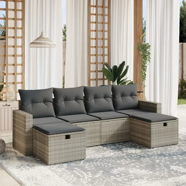 vidaXL 6-delige Loungeset met kussens poly rattan lichtgrijs grijs, foto 2