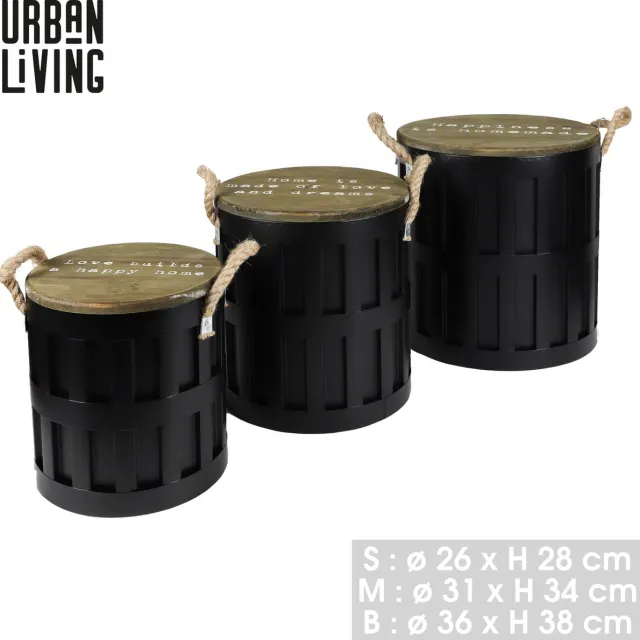 Urban Living "LOFT & METAL" - Set van 3 industriële metalen opbergvaten met deksel - S: Ø26 x H28 cm, M: Ø31 x H34 cm, L: Ø36 x H38 cm Zwart