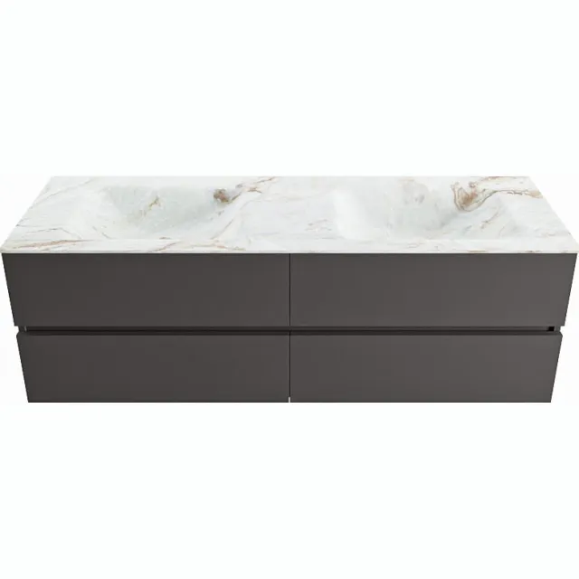 Mondiaz VICA-DLUX 150cm badmeubel onderkast Dark grey 4 lades. Inbouw wastafel CLOUD dubbel zonder kraangat, kleur Frappe.