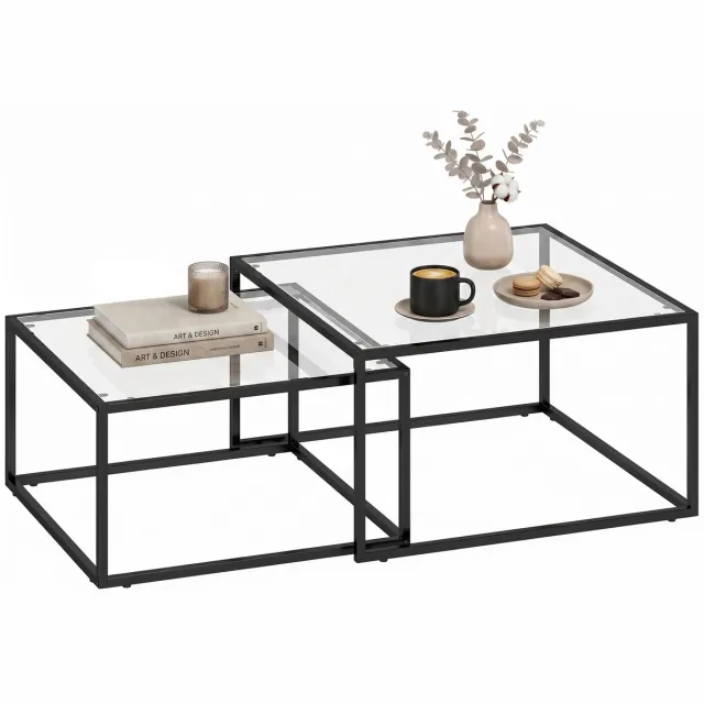 Homcom Salontafel Set van 2 - Bijzettafels - Koffietafels - Glazen Tafels - Zwart Zwart, transparant