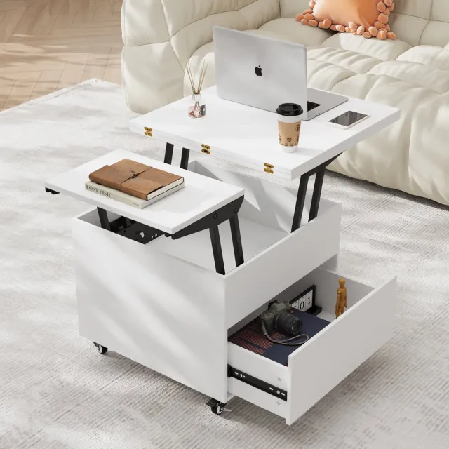 VOWNER Hoogte Verstelbare Salontafel 3-in-1 - Uitschuifbare Eettafel voor 4 Personen - Werktafel - 120x60x68 cm - Zwart - Multifunctionele Woonkamertafel Wit