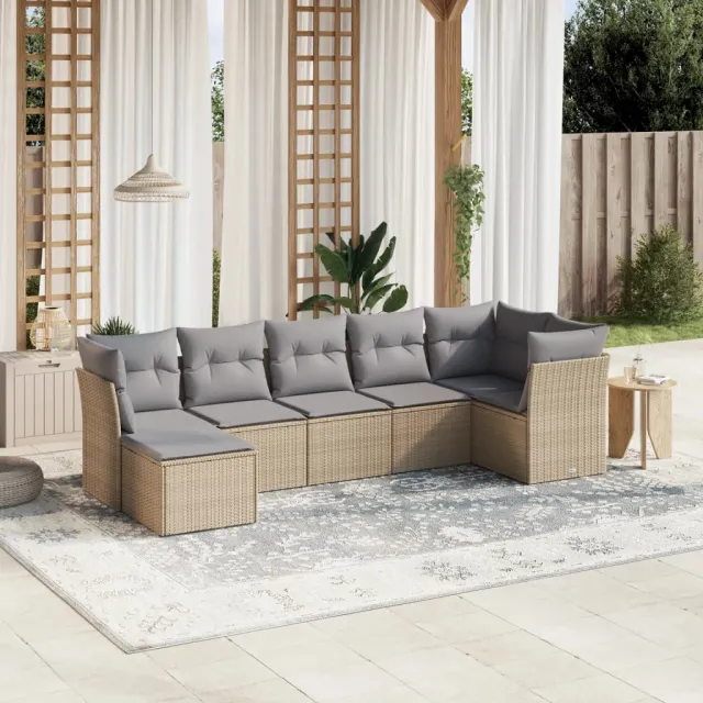 vidaXL 7-delige Loungeset met kussens poly rattan gemengd beige, foto 2