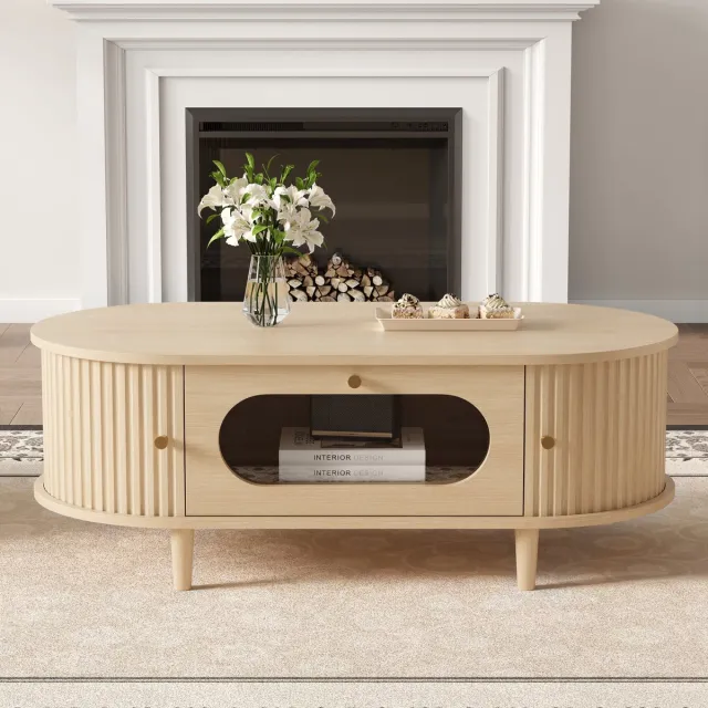 REDOM Salontafel - Met Lade En Roldeur - Modern - Voor Woonkamer - MDF En Glas - Eikenkleur - 100 X 50 X 36 Cm