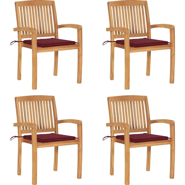 vidaXL Tuinstoelen stapelbaar 4 st met kussens massief teakhout Rood