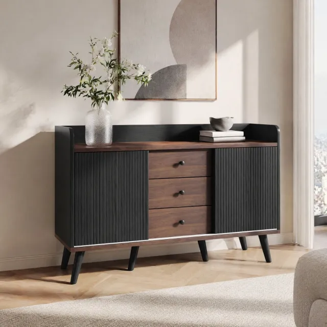 Maisentiel Dressoir met 3 lades en 2 schuifdeuren - zwart en houtkleur - 117,5 x 40 x 80 cm