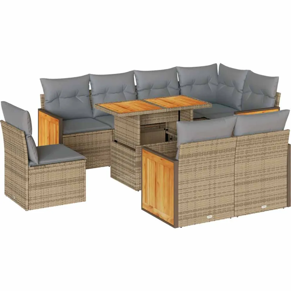 vidaXL 9-delige Loungeset met kussens poly rattan acacia beige, foto 3