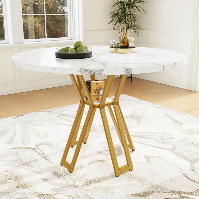 FloraGrace Eettafel - Rond Voor 4 Tot 6 Personen - Marmerlook En Verstelbare Poten - MDF En Metaal - 100x100x76 Cm - Wit Goud