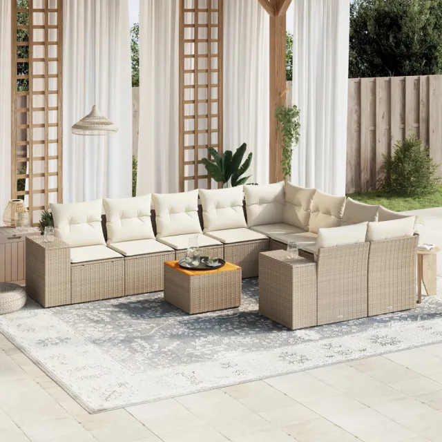 vidaXL 10-delige Loungeset met kussens poly rattan beige, foto 2