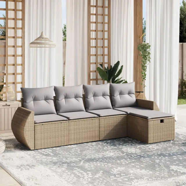 vidaXL 5-delige Loungeset met kussens poly rattan gemengd beige, foto 2