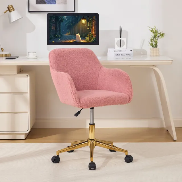 OKWISH Bureaustoel 58 x 58 x 86 cm - In Hoogte Verstelbaar En 360° Draaibaar - Voor Bureau En Thuiswerkplek - Teddy - Roze