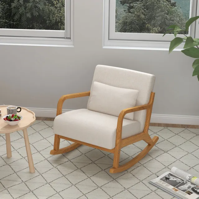 OKWISH Schommelstoel 92 x 64,5 x 81,5 cm - Zacht Gestoffeerd met Afneembare Lendensteun - Voor Woonkamer en Slaapkamer - Hout en Stof - Crèmewit