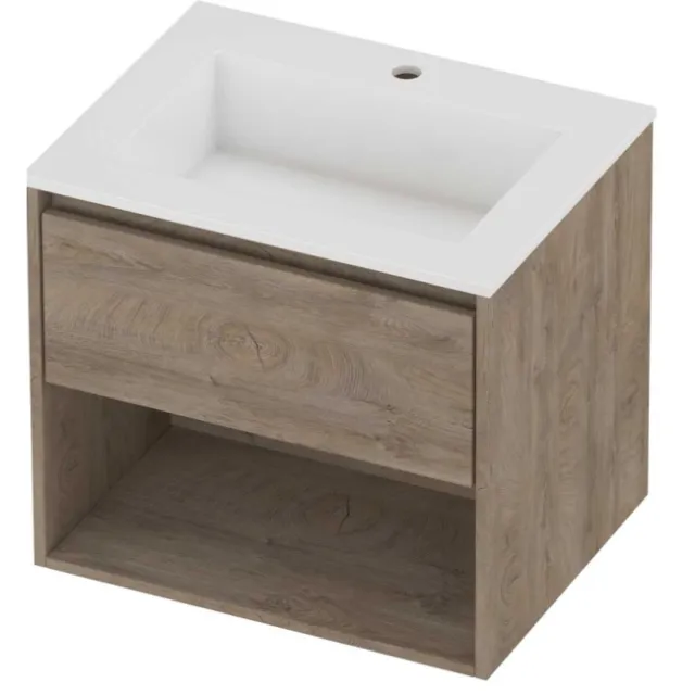 Proline Aristo Badmeubelset Polystone Elegant 1 Kraangat Met Schap 60x46x54 cm Glans Wit Raw Oak Eiken