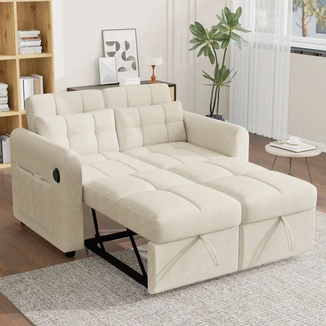 FloraGrace Slaapbank 3 In 1 Uittrekbaar Met Verstelbare Rugleuning En Usb – Voor Woonkamer En Slaapkamer – Katoen Linnen – Beige