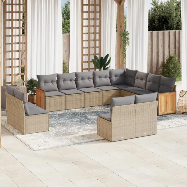 vidaXL 12-delige Loungeset met kussens poly rattan beige, foto 2
