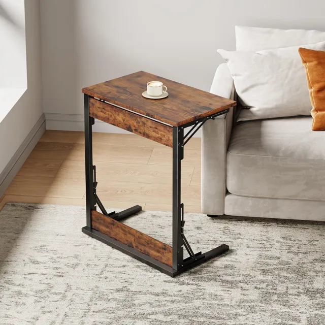 KOMHTOM BLACKCOLORS Set van 2 opvouwbare bijzettafels in C-vorm met metalen frame en verstelbare poten, bijzettafel, salontafel voor woonkamer, slaapkamer, kantoor, te gebruiken als tv-blad, 60 x 37 x 71 cm, bruin Rustiek bruin