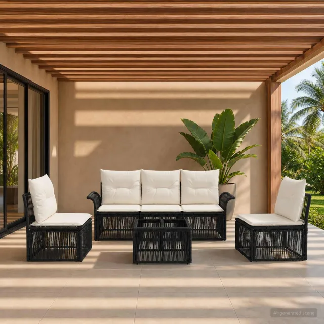 vidaXL Tuinbankenset 6 st Zwart poly rattan, foto 2