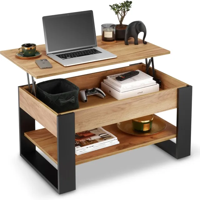 defiPad Salontafel met opklapbaar blad, plank en opbergruimte - Industrieel, Lofotisch - Zwart + Eiken Craft Zwart + Eik Craft