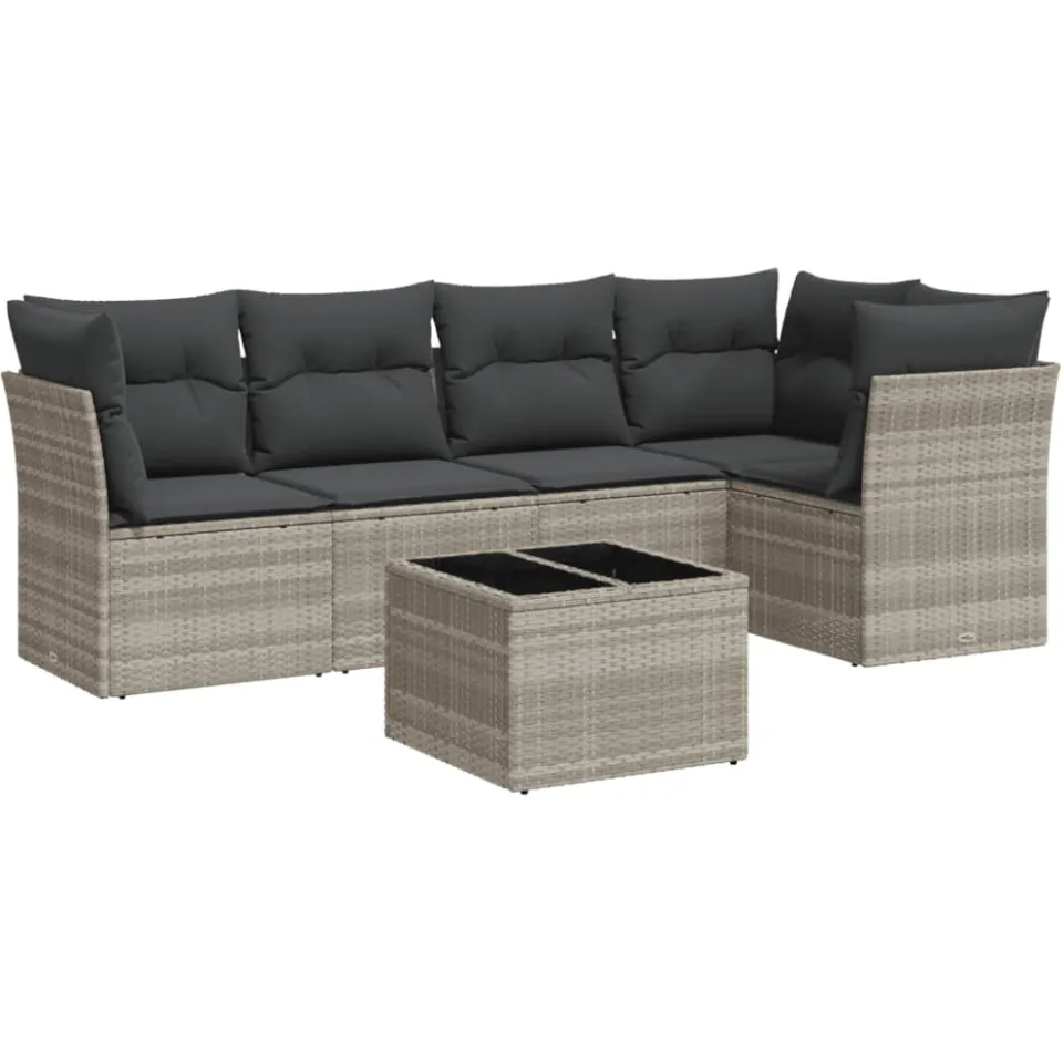 vidaXL 6-delige Loungeset met kussens poly rattan lichtgrijs grijs