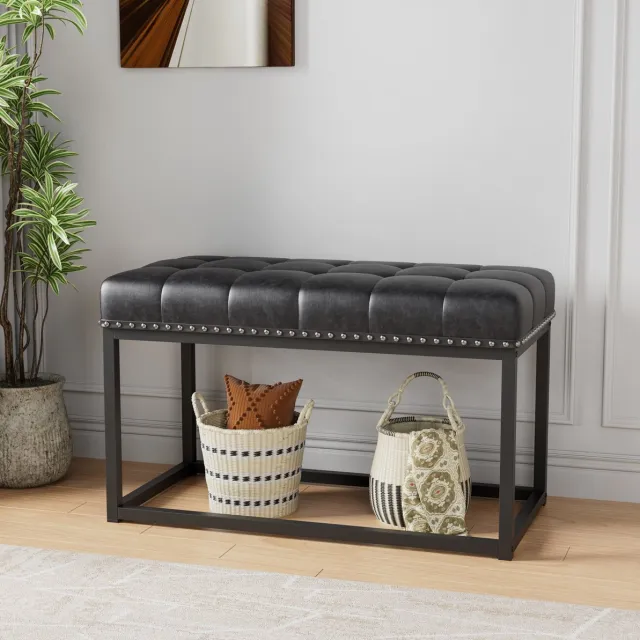DESMIU Voetenbankje 36 Inch Zwart Kunstleer Metalen Frame Gecapitonneerd Rechthoekig Voor Hal Slaapkamer Woonkamer Bedrand