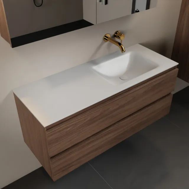 Mondiaz AIVY 120cm badmeubel Mocha, wastafel Talc solid surface rechts zonder kraangat met spiegelkast (AI-351641TALC-NO - AI-M120MORE - AI-C120MOMI)