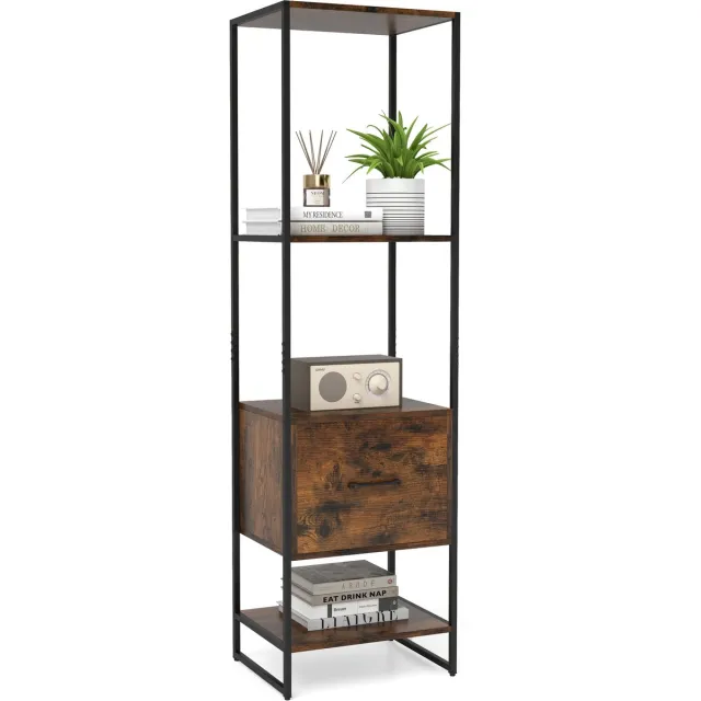 Costway Boekenkast met 5 verdiepingen, boekenkast met open planken en metalen frame, staand rek, industrieel, opbergrek voor woonkamer, slaapkamer, 45 x 35 x 160 cm (bruin)