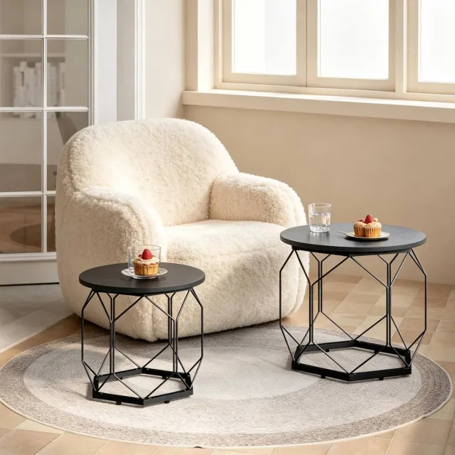 HAUSS SPOLE Salontafel - Set Van 2 Ronde Tafels Met Afneembaar Blad - Flexibel Voor Woonkamer En Slaapkamer - Metaal En Houtlook - 50 Cm - Zwart