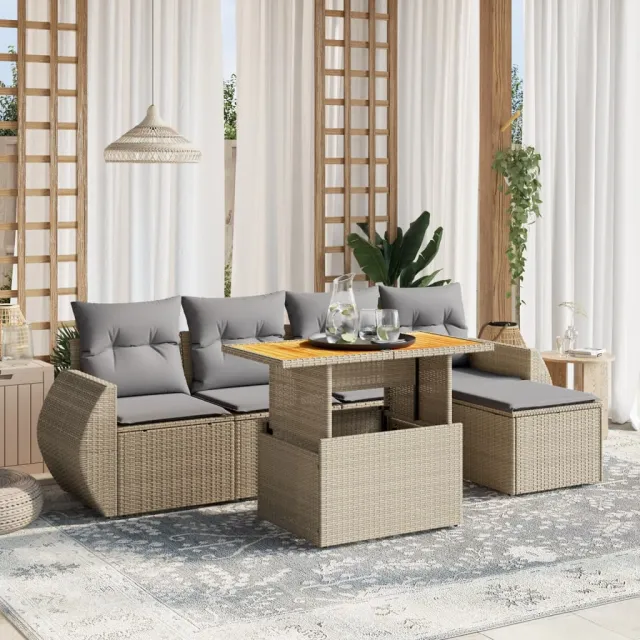 vidaXL 6-delige Loungeset met kussens poly rattan beige, foto 2