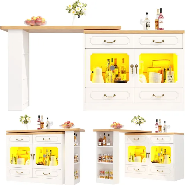Wishdor Uitschuifbare bartafel - 360° draaibaar blad en opbergruimte - Led-verlichting - Voor eetkamer en woonkamer - Houtlook en glas - Natuur en wit - 135-203 cm Natural+White