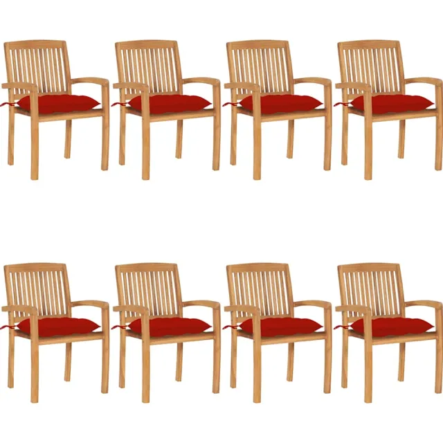 vidaXL Tuinstoelen stapelbaar 8 st met kussens massief teakhout Rood