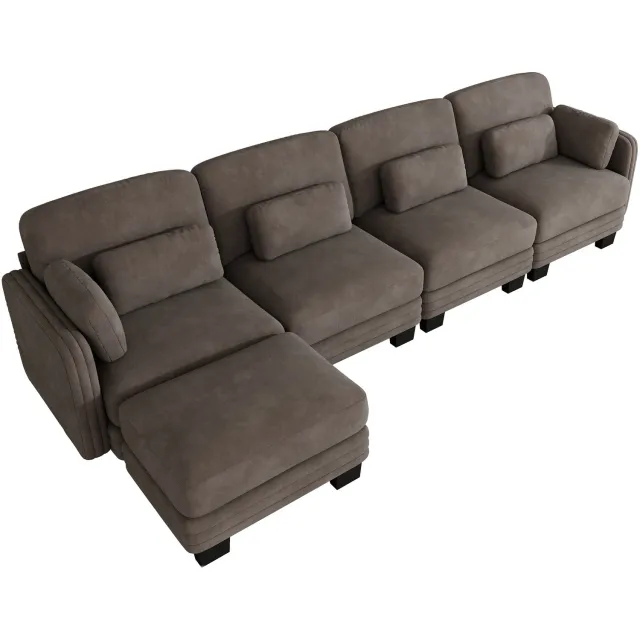 Wishdor 4-zits hoekbank - Modulair te combineren met losse hocker - Verplaatsbare lenden- en armkussens - Chenille bekleding - Bruin - Voor woonkamer en appartement - 330 x 143 x 88 cm
