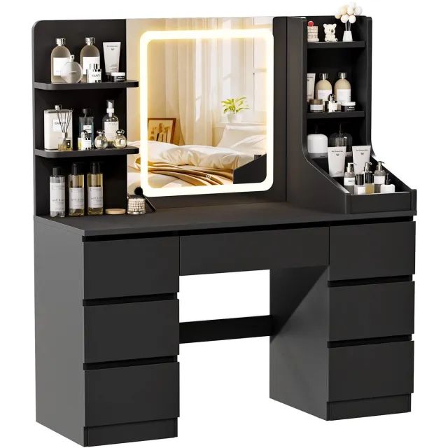 Devoko Kaptafel met LED Spiegel - 108x40x139 cm - 7 Lades, 3 Opbergvakken & Zijopberging - Dimbare Verlichting met 3 Lichtkleuren - Zwart