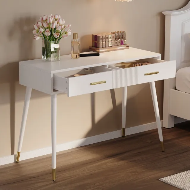STILVORA Kaptafel - Make-up Tafel Met 2 Lades En Metalen Poten - Modern En Praktisch Opberg - Ideaal Voor Slaapkamer Kleedkamer En Badkamer - Hout & Metaal - 100 x 40 x 76 cm - Wit