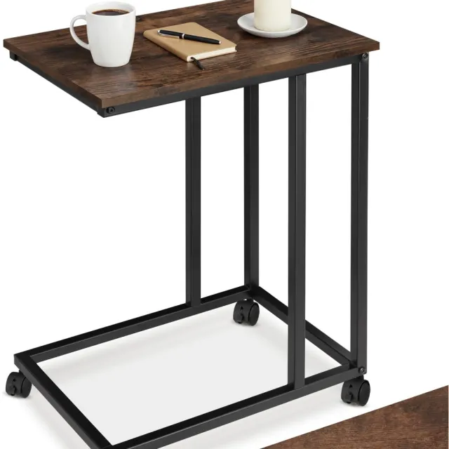 Tectake C-Vormige Bijzettafel - Salontafel met Wieltjes - Mobiele laptoptafel van hout en metaal - Industrieel design - Belastbaarheid 75 kg - Afmeting (LxBxH) 48 x 35 x 70 cm - Zwart metalen frame - Donkerbruin