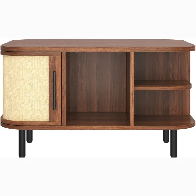 SONNENH Salontafel met afgeronde vorm, 2 kastdeuren en open vakken - Walnootlook MDF - 80 x 60 cm Walnootlook en naturel patroon
